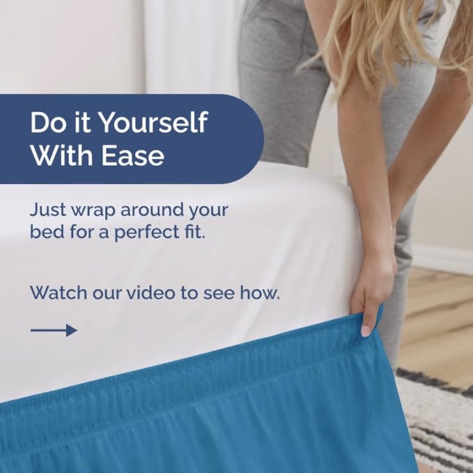 Wrap Around Dust Ruffle Bed Skirt - Denim Blue - Twin/Twin XL Size Beds with 12 Inch Drop - Elastic Strap - Adjustable Pleated Bedskirt with Brushed Fabric and Wrinkle Free - Women, Men, Kids & Teens