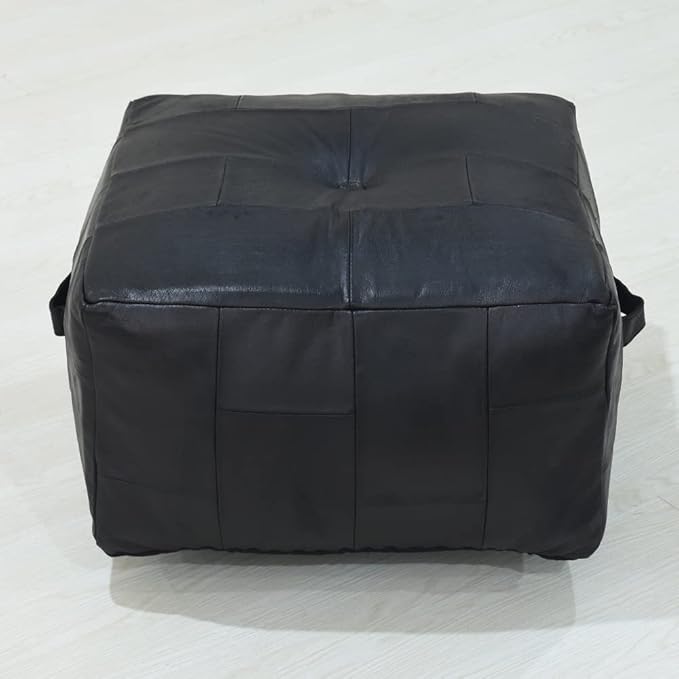 Square Shaped Buffalo Leather Handmade Eco-Friendly Black Pouf - Square Pouf, 21" x 21" x 12", Geometric Pouf, Buffalo Leather Pouf, Recycled Foam with Fibre Fill Stuffed Pouf, Seating Pouf PF25