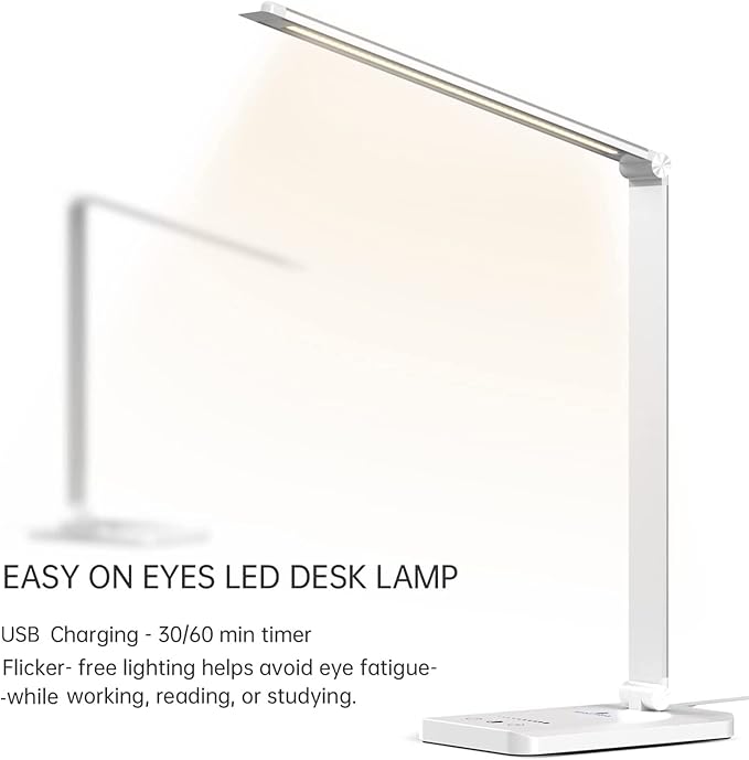 Ambertronix LED Desk Lamp with USB Charging Port, Dimmable Eye-Caring Reading Desk Light for Home, with 5 Brightness Level & 3 Lighting Modes, Touch Control, Auto Timer (White)
