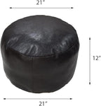 PF12 Round Shaped Goat Leather Handmade Eco-Friendly Chocolate Brown Pouf - 21" x 21" x 12", Plain Solid, Recycled Cotton Filled
