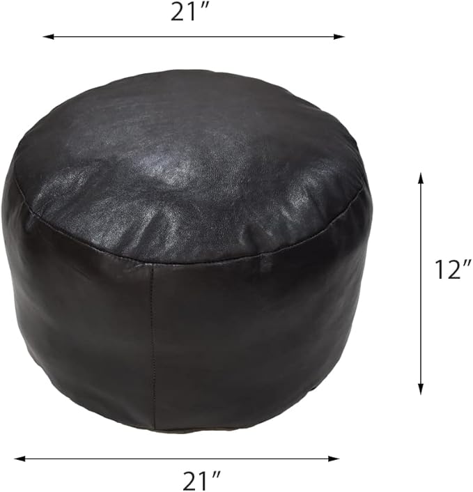 PF12 Round Shaped Goat Leather Handmade Eco-Friendly Chocolate Brown Pouf - 21" x 21" x 12", Plain Solid, Recycled Cotton Filled