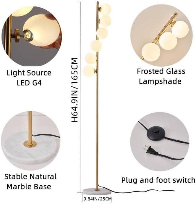 NKU Mid Century Floor Lamp Unique Glass lamp with Foot Switch, Modern Standing Tall Lamp for Living Room 3 Color Temperatures 6 Globe Floor Lighting for Bedroom Office（Gold）