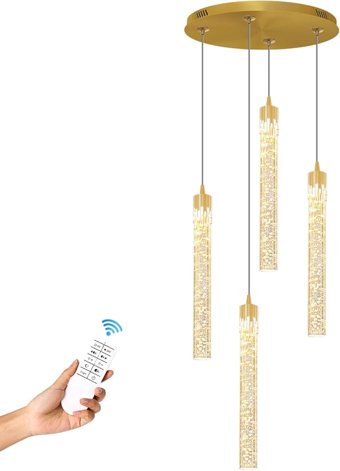 4-Light Pendant Lights Kitchen Island Mini Chandelier,Modern Gold Pendant Light with Remote Control,Teardrop Hanging Light Fixture for Dining Room Hallway