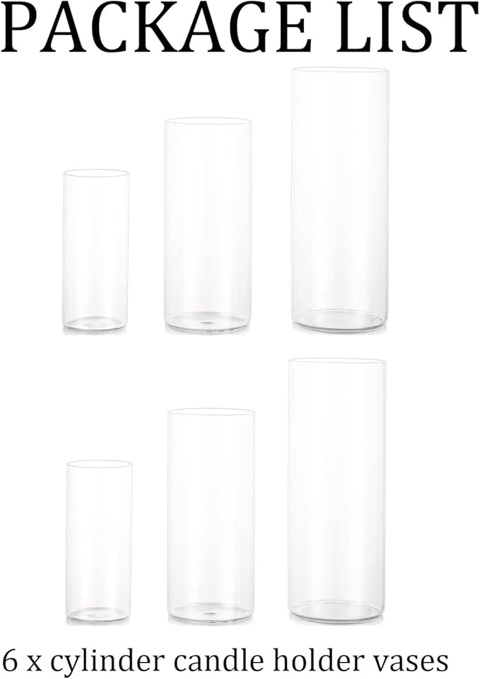 Glass Hurricane Candle Holder Esmiome - Cylinder Vases for Centerpieces 2 Sets (6Pcs) Hurricane Floating Candle Holder, Glass Vases for Flowers, Decorative for Home Wedding, 6'' + 8'' +10''(High)