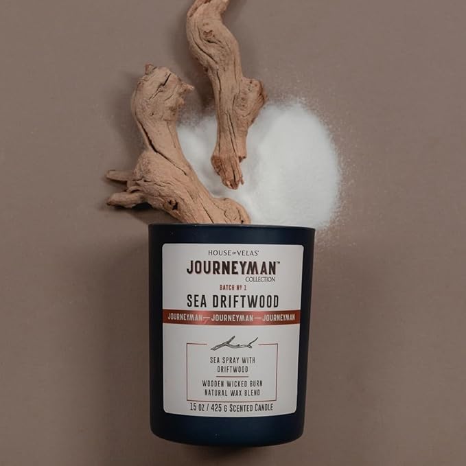 Journeyman Collection Candle, 15oz, Wooden Wick, Sea Driftwood, Large Painted Jar