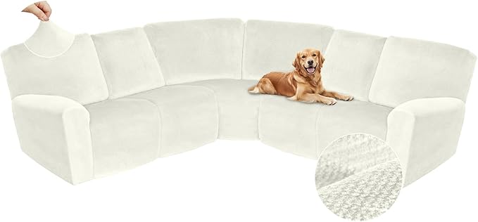 Arfntevss Sectional Recliner Couch Covers Velvet Corner Sectional Sofa Cover for Reclining Couch Stretch Soft L Shape Recliner Slipcover Thick U Shaped Washable Protector (5 Seat Cover, Cream)
