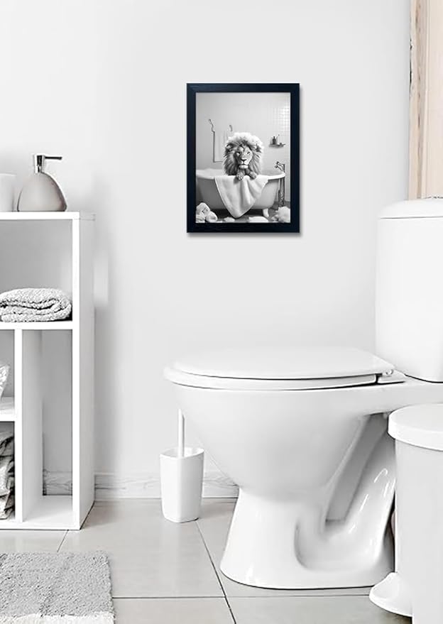 Framed Black and White Animal Bathroom Wall Art Funny Lion in tub Bathroom Pictures Wall Decor Bathtub Print Paintings