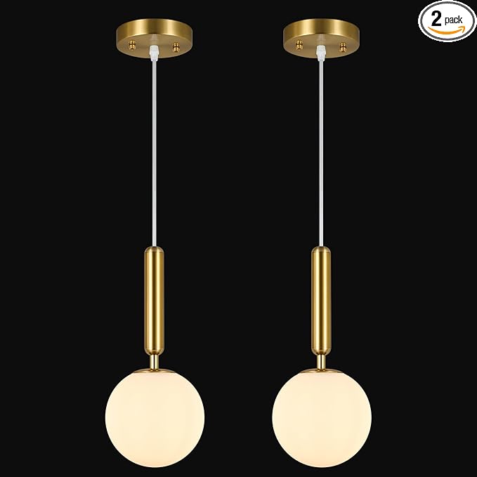Modern Hanging Light Fixture Pendant Lighting for Kitchen Island Mid Century Gold Pendant Lights with Globe Milky White Glass Pendant Light for Bedroom Bathroom Entryway (2 Pack)