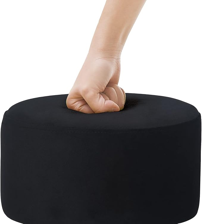 Asense Small Round Ottoman Foot Rest Stool Fabric Padded Seat Footstool Ottoman with Anti-Slip Wooden Legs (Black,Fabric)