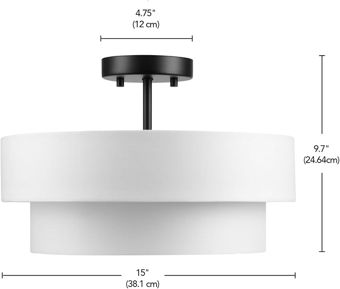 Globe Electric 66000138 2-Light Semi-Flush Mount Ceiling Light, Matte Black, 2-Tier, White Linen Shade, Home Improvement, Dining Room, Kitchen
