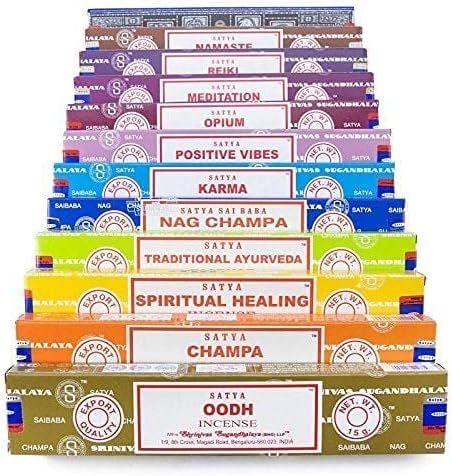 Satya Natural Incense Sticks Assortment – 12 Pack, 15g Each – Hand Rolled in India – Aromatherapy, Meditation, Yoga, Relaxation, Stress Relief, Home Fragrance