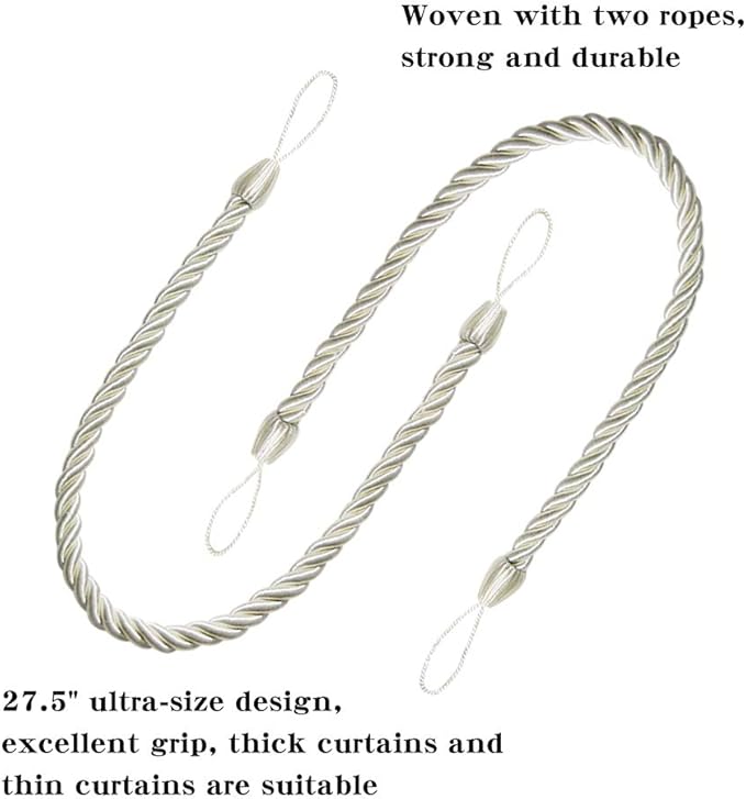BEL AVENIR Curtain Tiebacks Ropes Tie-Backs, Handmade Curtain Holdbacks with 2 Metal Screw Hooks (Cream, 2pack)
