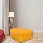 PF12 Square Goat Leather Handmade Eco-Friendly Mustard Pouf - 21" x 21" x 12", Plain Solid, Recycled Foam with Fibre Fill Stuffed
