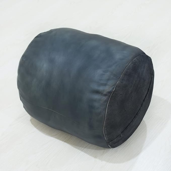 Round Shaped Goat Leather Handmade Eco-Friendly Gray Pouf - 18" x 18" x 18", Plain Solid, Recycled Cotton Filled Stuffed Leather Seating PF12