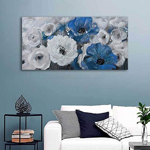 Mofutinpo Large Flower Painting Wall Art, 24x48, Modern Home Decor, Living Room Wall Decorations, White Blue Flower Prints Artwork, Waterproof UV Resistant Canvas, Wall Art for Bedroom
