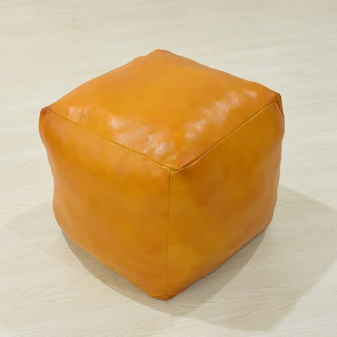 Square Shaped Goat Leather Handmade Eco-Friendly Mustard Pouf - Square Pouf, 16" x 16" x 16", Plain Solid Pouf, Goat Leather Pouf, Recycled Foam with Fibre Fill Stuffed Pouf, Leather Pouf PF12