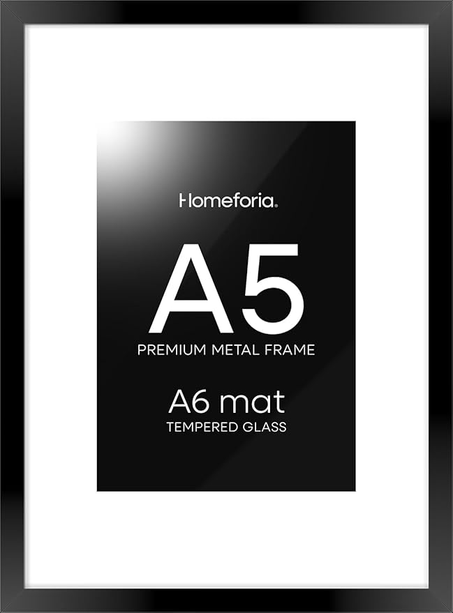 Homeforia A5 Picture Frame Black, High End Metal 5.8x8.3 Frames Matted to 4.1x5.8 Print, A5 Photo Frame with Mat A6, 5.8 x 8.3 Poster Frame, 8.3x5.8 Display Frames, Tempered Glass, Wall Kit, Set of 1