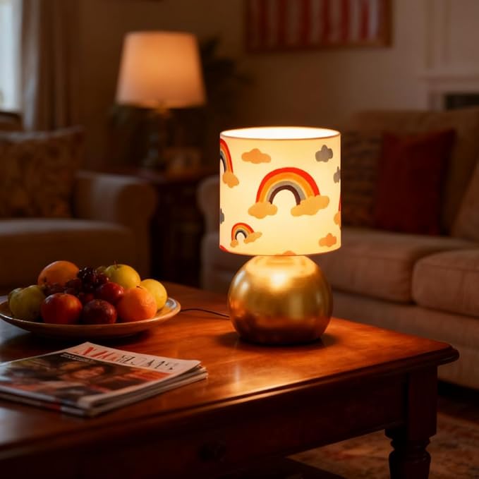 Set of 2 Gold Small Bedside Table Lamps with Rainbow Cloud Pattern Shades (Bulb Included)