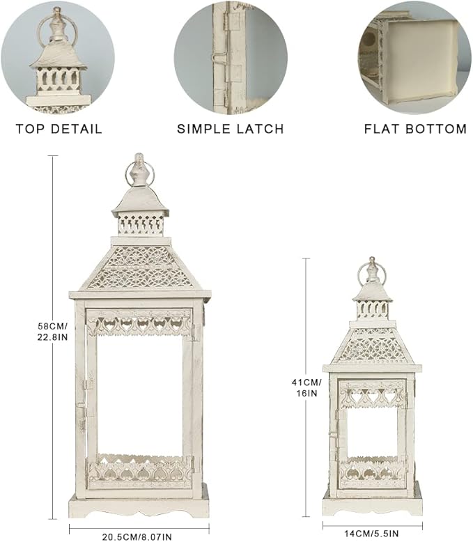 NEEDOMO Lanterns Decorative Outdoor & Indoor, Set of 2 Outdoor Lanterns for Porch,Large Square Candle Lantern, Beige Metal Frame with Glass for Fall, Christmas