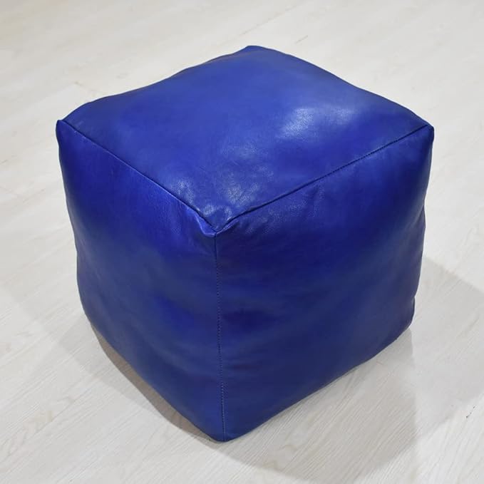PF12 Square Shaped Goat Leather Handmade Eco-Friendly Blue Pouf - 14" x 14" x 14", Plain Solid, Recycled Cotton Filled