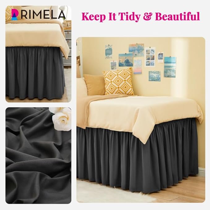 RIMELA Dark Grey Bed Skirt Twin 32 Inch Drop Silky Luxurious Fabric, Wrinkle and Fade Resistant with Adjustable Elastic Belt Easy to Install Machine Washable Dust Ruffles Bedskirt