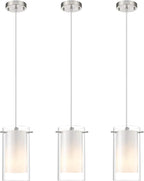 3-Light Pendant Light, Indoor Glass Hanging Light Fixture, Adjustable Height, Brushed Nickel Finish for Kitchen Dining Room