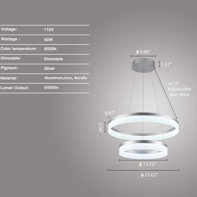 LED Silver Chandeliers Modern Pendant Light, 2 Rings Dimmable Chandelier Lighting Fixture for Living Room Bedroom Kitchen Island Resturant Dining Room 6000K Cool White