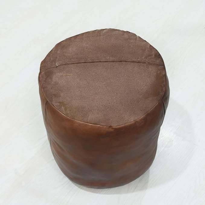 Round Shaped Goat Leather Handmade Eco-Friendly Brown Pouf - 16"x16"x16", Plain Solid, Recycled Foam With Fibre Fill Stuffed, Leather Seating PF12
