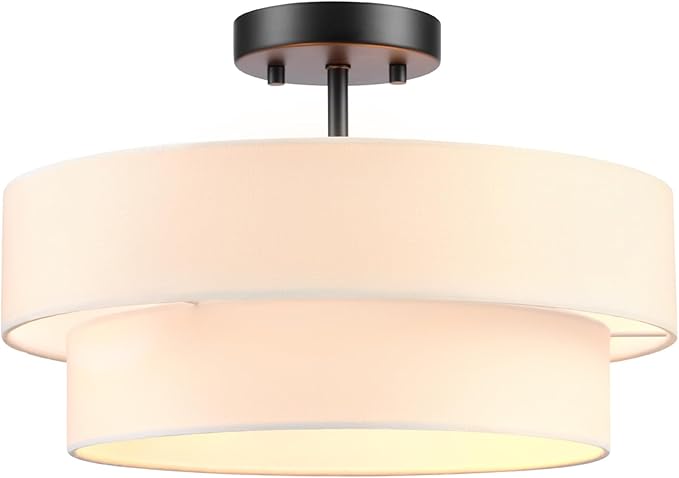 Globe Electric 66000138 2-Light Semi-Flush Mount Ceiling Light, Matte Black, 2-Tier, White Linen Shade, Home Improvement, Dining Room, Kitchen