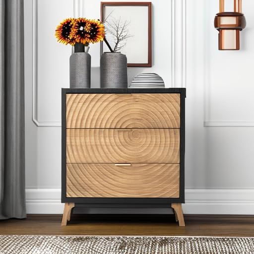 LONYKE Fully-Assembled 3-Drawer Farmhouse Dresser with Handcrafted Wood Ring Motif, Black Nightstand for Bedroom, Morden Rustic