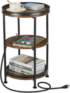 Dulcii Round Side Table with Charging Station, End Table with 3 Shelves for Living Room, Bedroom Nightstand for Small Spaces, Industrial Round Sofa Table with Steel Frame (USB+Rustic Brown)