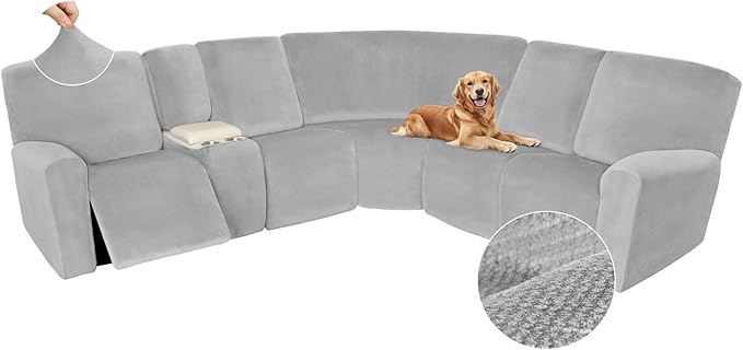Arfntevss Sectional Recliner Couch Covers Velvet Washable Corner Sectional Sofa Cover for Reclining Stretch Soft Thick L Shape Recliner Slipcover Set (5 Seat with 1 Console Cover, Silvery Gray)