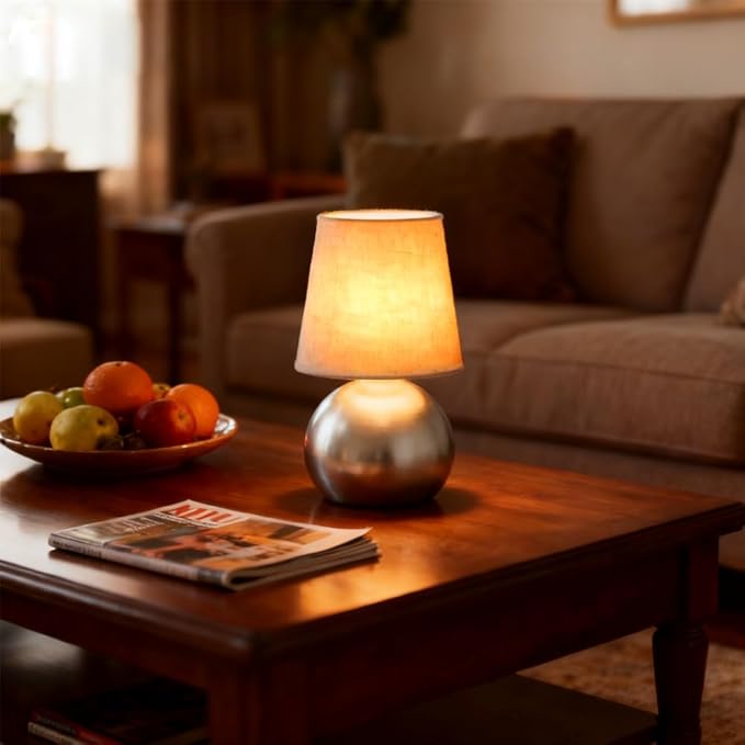 Set of 2 Small Silver Spherical Base Bedside Table Lamp with Textured Linen Shade (Bulb Included)