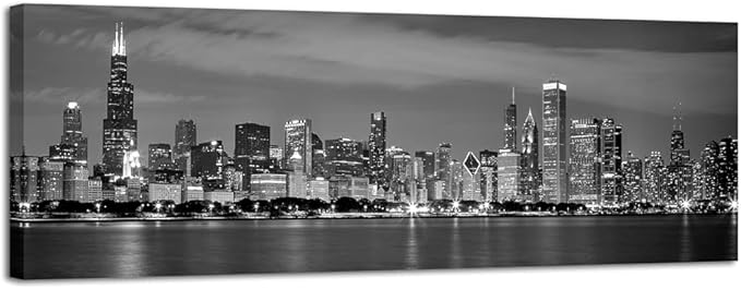 Wieco Art Chicago City Center Skyline in Black and White Canvas Prints Modern Canvas Art Cityscape Wall Decorations for Living Room Pictures for Bedroom Decorations