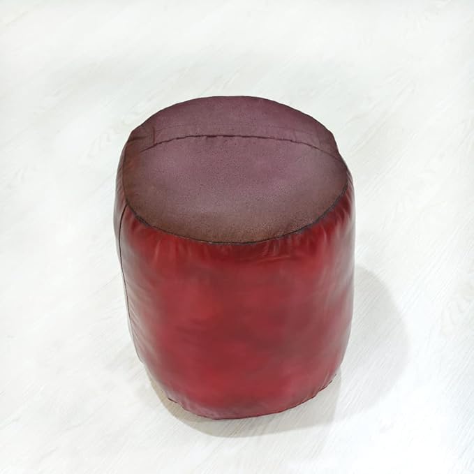 Round Shaped Goat Leather Handmade Eco-Friendly Dark Pink Pouf - Round Pouf, 14" x 14"x 14", Plain Solid Pouf, Goat Leather Pouf, Recycled Foam with Fibre Fill Stuffed Pouf, Leather Pouf PF12