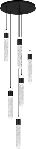 6-Light Black Modern Crystal Raindrop Chandelier for Dining Room Entrance Long Crystal Bubble Column Chandelier for High Ceiling Lighting Fixtures LED Lampara, 3000k-6000K