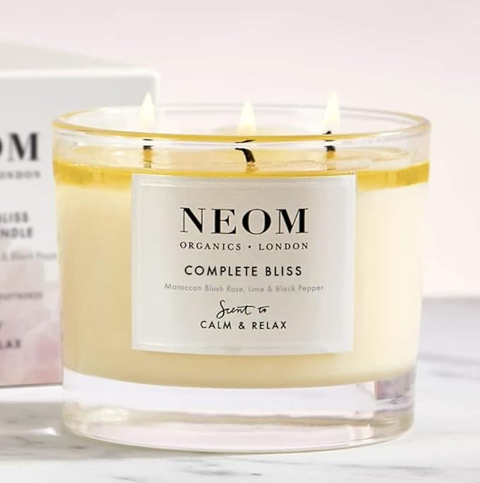 NEOM- Complete Bliss Scented Candle, 3 Wick | Blush Rose, Lime & Black Pepper | Essential Oil Aromatherapy Candle | Scent to De-Stress