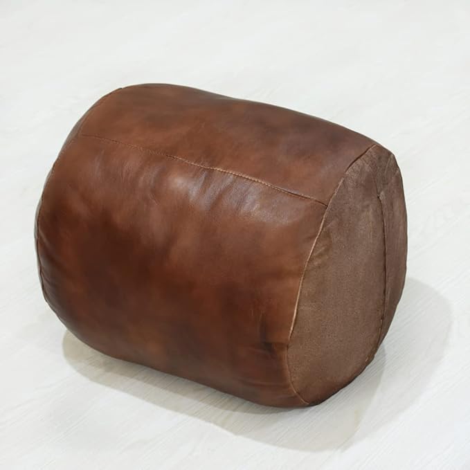 Round Shaped Goat Leather Handmade Eco-Friendly Brown Pouf - 16"x16"x16", Plain Solid, Recycled Foam With Fibre Fill Stuffed, Leather Seating PF12