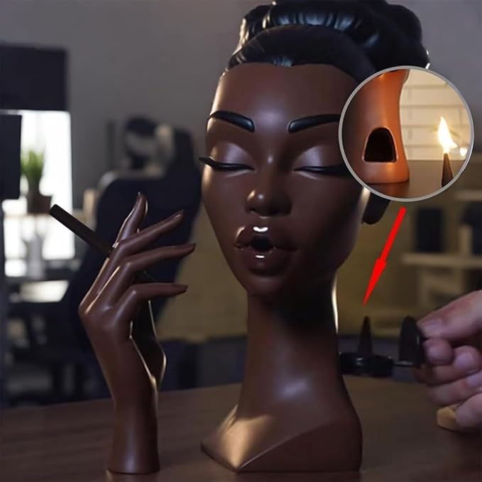 Sophisticated and Elegant Headscents-Head Incense Burner - Black Woman Smoking Head Incense Burner Design Calming Room Waterfall Decor and Unique Home Gift,Desk Decor (A)