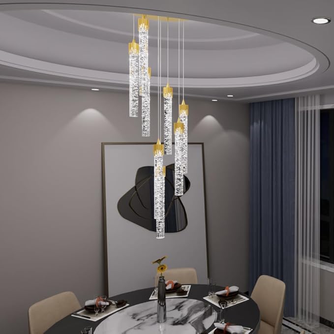 8-Light Led Chandelier, Gold Crystal Modern Led Chandelier for Dining Room, Luxury Enterway Led Dimmable Pendant Lights Fixture with Remote Control Flush Mount