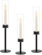Black Hurricane Candle Holders Set of 3, Tall Metal & Windproof Glass Taper Candle Holders, Outdoor/Indoor Table Centerpieces for Weddings, Christmas, Parties, Fireplace Decor