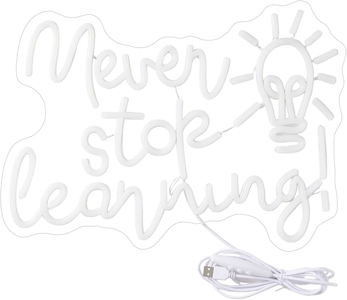 Never Stop Learning Neon Signs for Wall Decor Inspirational Letter Neon Lights Sign USB Powered Dimmable LED Personalized Neon Sign for Office Room, Gym Room, Man Cave, Gamer Room