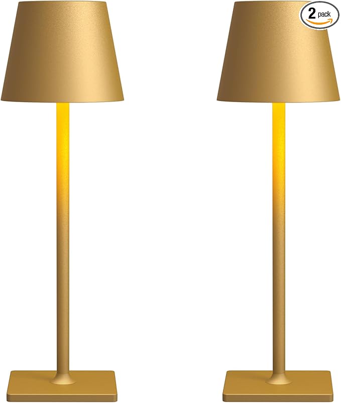 2 Pack Rechargeable Table Lamps, Gold Cordless Lamps - Battery Operated Touch Lamp, Outdoor Table Lights, Waterproof, Wireless, Portable Desk Lamp for Restaurant, Bedroom, Patio(Gold)