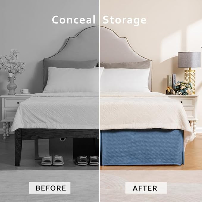 MIYE Pleated Waffle Weave Bed Skirt, Tailored Dust Ruffle 18 Inch Drop Easy Fit, Machine Washable (Blue, Twin - 18" Drop)