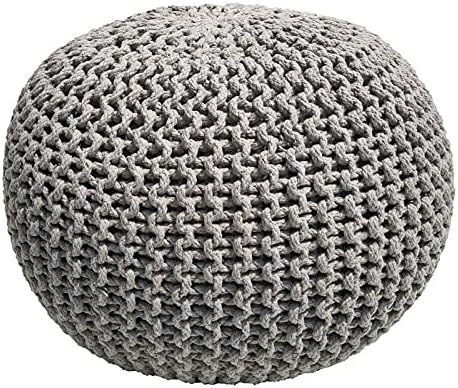 FRELISH DECOR Round Pouf Ottoman Hand Knitted 100% Cotton Pouf Foot Stool - Knitted Bean Bag -Floor Chair for Living Room Bedroom - Foot Rest for Couch (20 Diameter x 14 Height) - Light Grey