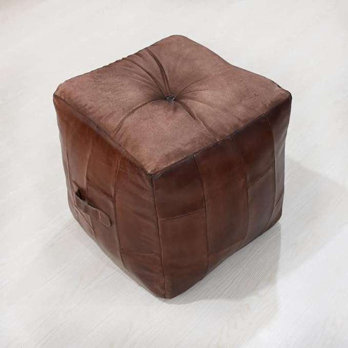 Square Shaped Buffalo Leather Handmade Eco-Friendly Brown Pouf - Square Pouf, 18"x18"x18", Plain Solid Pouf, Buffalo Leather Pouf, Recycled foam with fibre Filled Stuffed Pouf, Seating Pouf PF25