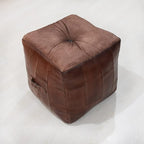 Square Shaped Buffalo Leather Handmade Eco-Friendly Brown Pouf - Square Pouf, 18"x18"x18", Plain Solid Pouf, Buffalo Leather Pouf, Recycled foam with fibre Filled Stuffed Pouf, Seating Pouf PF25