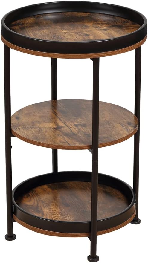 Dulcii Side Table, Round End Table with 3 Storage Shelves for Living Room, Bedroom, Nightstand with Steel Frame for Small Spaces, Industrial Round Sofa Table, Outdoor Accent Coffee Table, Rustic Brown