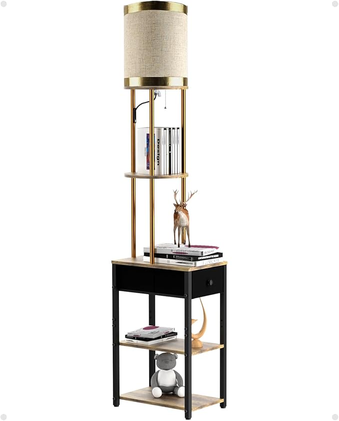 Lightdot 65IN Floor Lamps with Storage Table&Drawer, Corner Shelf Lamps with Black End Table and Fabric Lampshade, Modern Standing Tall Lamp for Living Room/Bedroom/Office(E26 LED Bulb Included)
