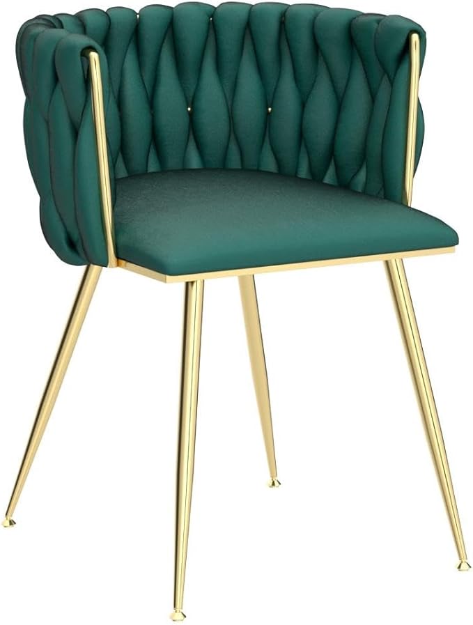 Nrizc Woven Dining Chairs Set of 2, Velvet Upholstered Dining Chairs with Gold Metal Legs, Modern Accent Chairs for Living Room, Dining Room, Kitchen (Green)